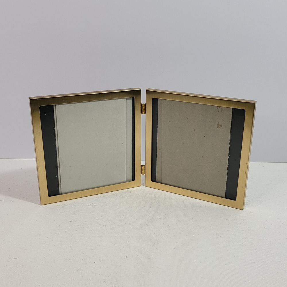 Brushed Gold Metal Double Hinged Picture Frame Square Modern 5x5 Photo Display